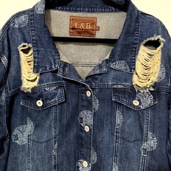 Lucky & Blessed L & B Blue Denim Jean Jacket Distressed Indian Head Print 2XL - Picture 2 of 6